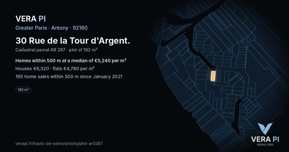 30 Rue de la Tour d'Argent, Antony at night – the plot lit, the parcels around coloured by the prices near them
