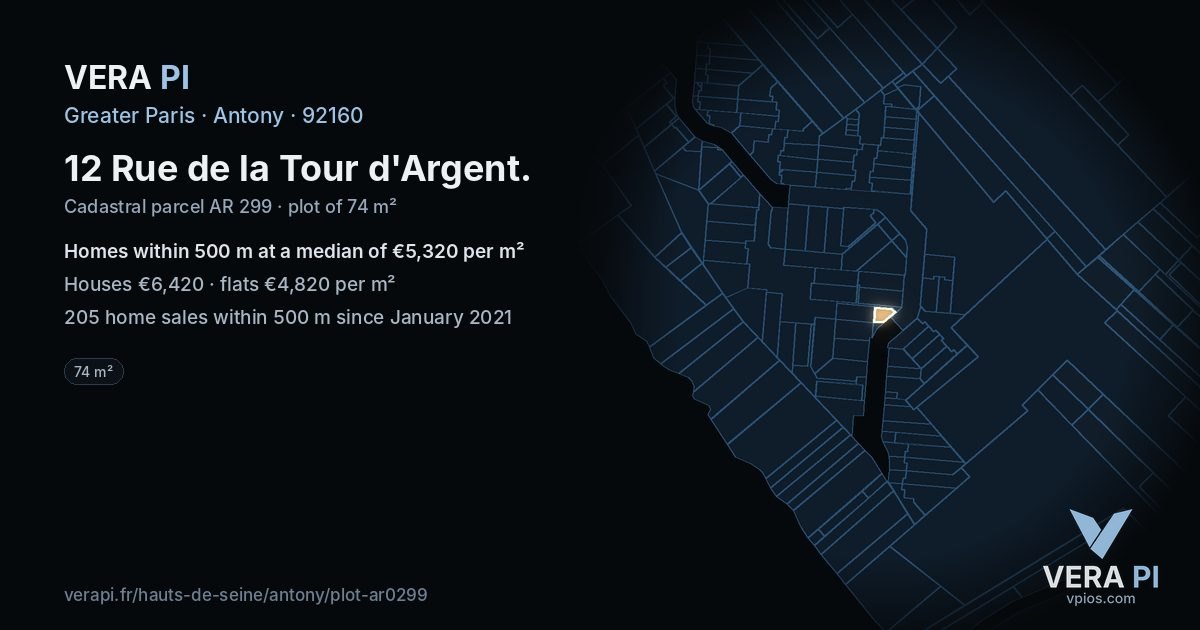 12 Rue de la Tour d'Argent, Antony at night – the plot lit, the parcels around coloured by the prices near them