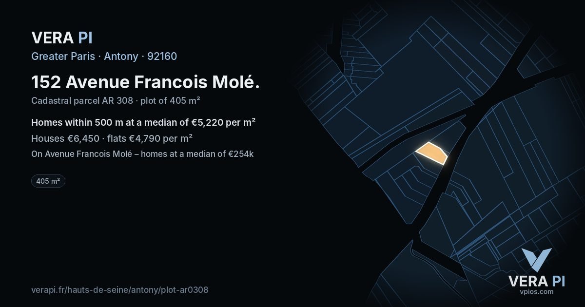 152 Avenue Francois Molé, Antony at night – the plot lit, the parcels around coloured by the prices near them