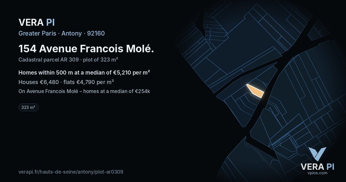 154 Avenue Francois Molé, Antony at night – the plot lit, the parcels around coloured by the prices near them