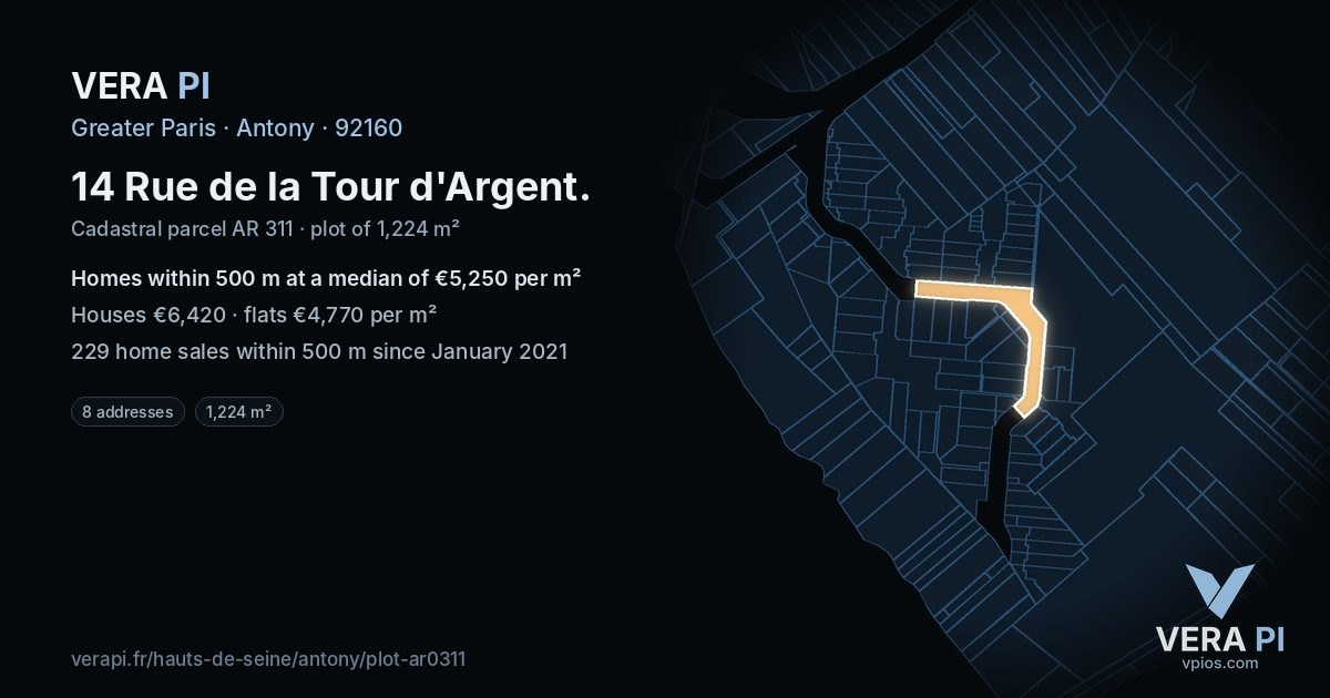 14 Rue de la Tour d'Argent, Antony at night – the plot lit, the parcels around coloured by the prices near them