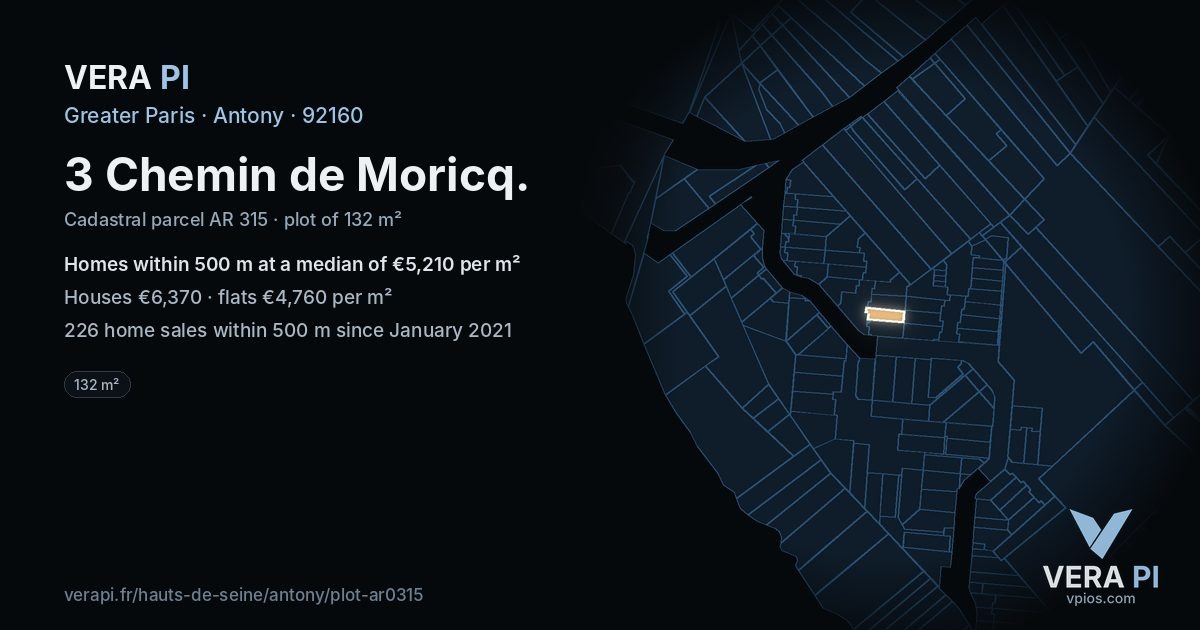 3 Chemin de Moricq, Antony at night – the plot lit, the parcels around coloured by the prices near them