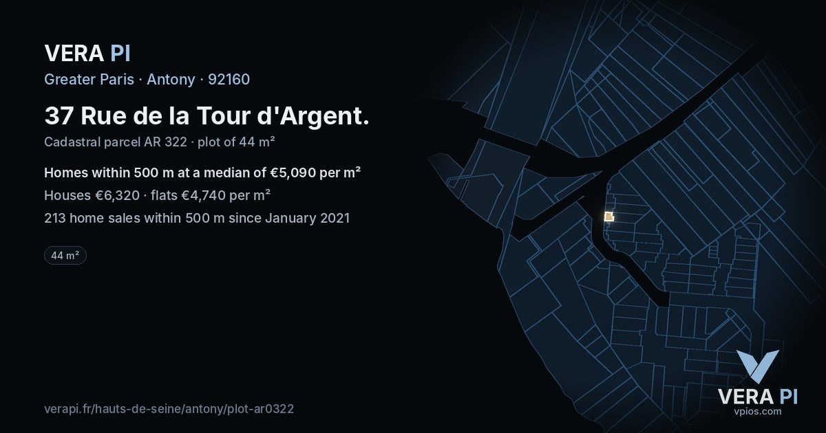 37 Rue de la Tour d'Argent, Antony at night – the plot lit, the parcels around coloured by the prices near them