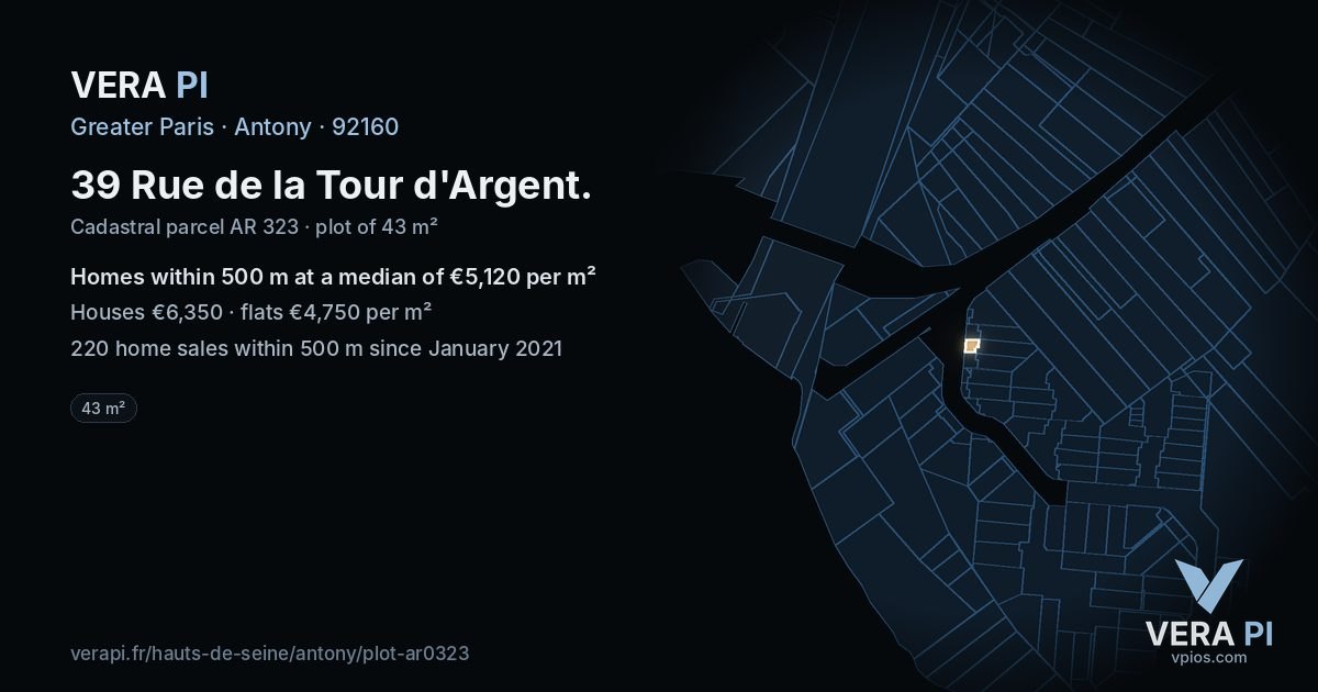 39 Rue de la Tour d'Argent, Antony at night – the plot lit, the parcels around coloured by the prices near them