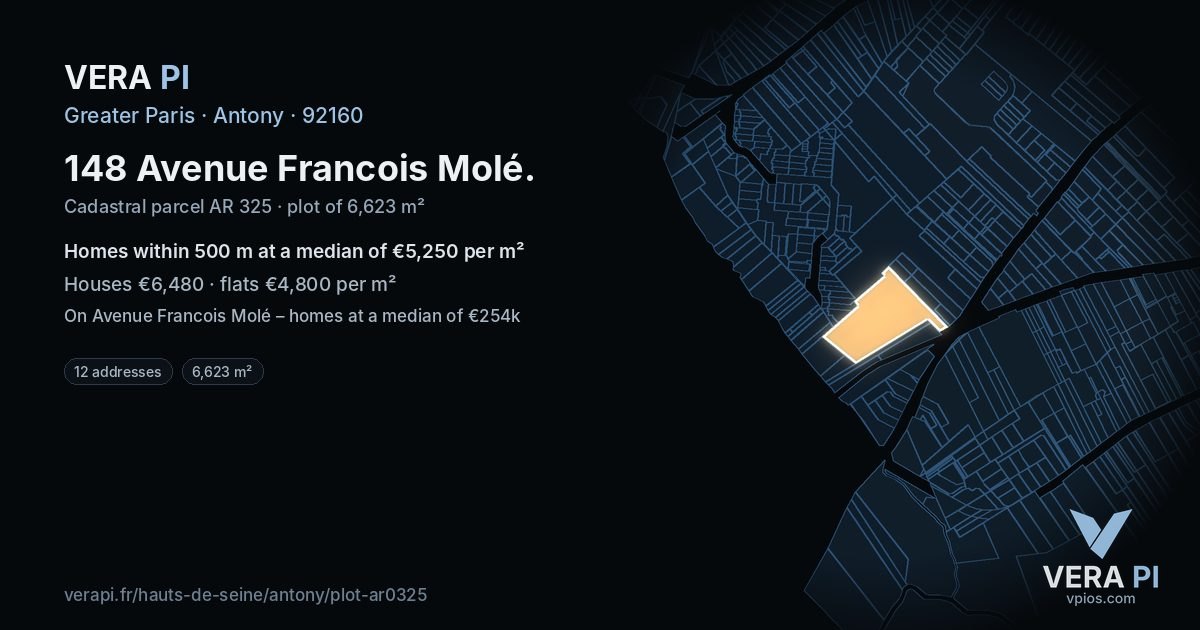 148 Avenue Francois Molé, Antony at night – the plot lit, the parcels around coloured by the prices near them
