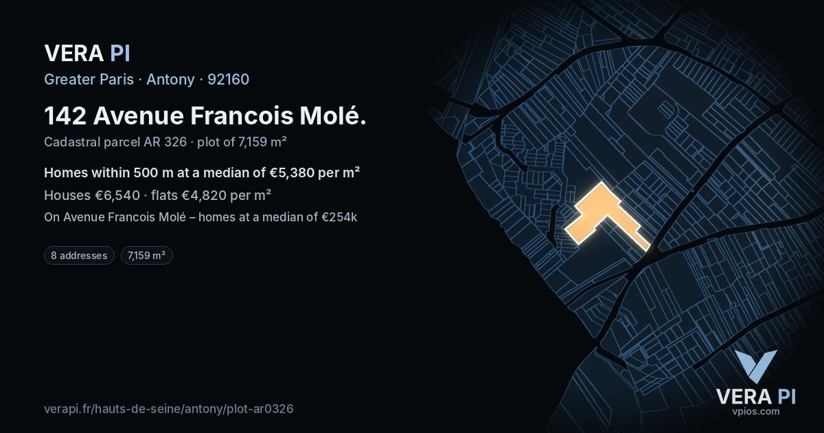 142 Avenue Francois Molé, Antony at night – the plot lit, the parcels around coloured by the prices near them