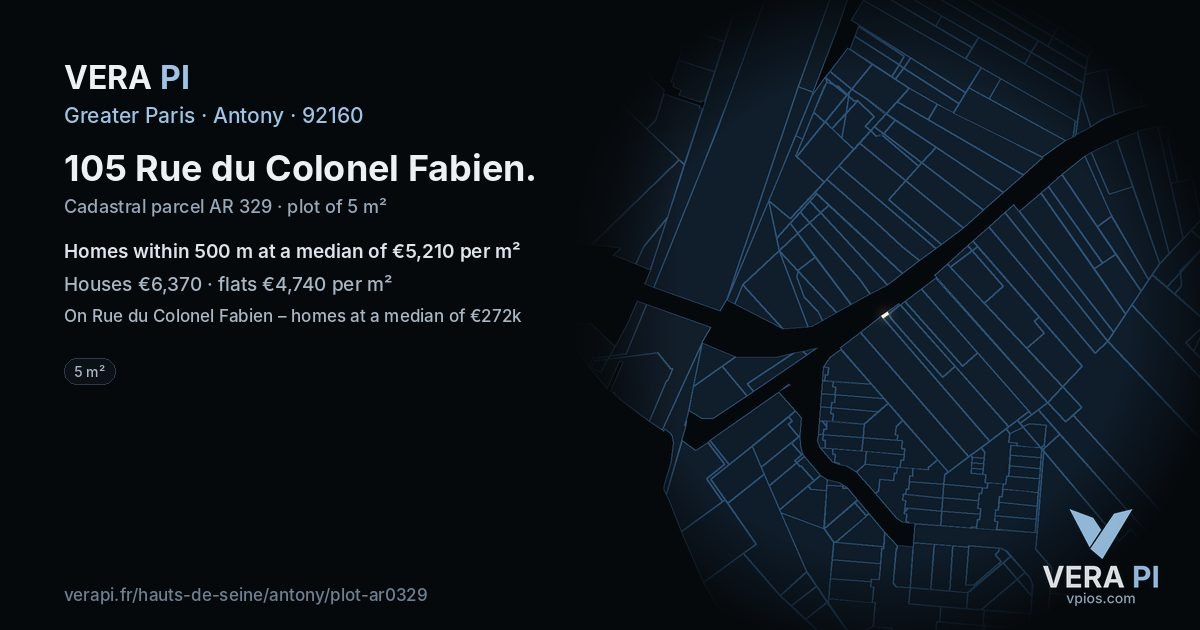 105 Rue du Colonel Fabien, Antony at night – the plot lit, the parcels around coloured by the prices near them