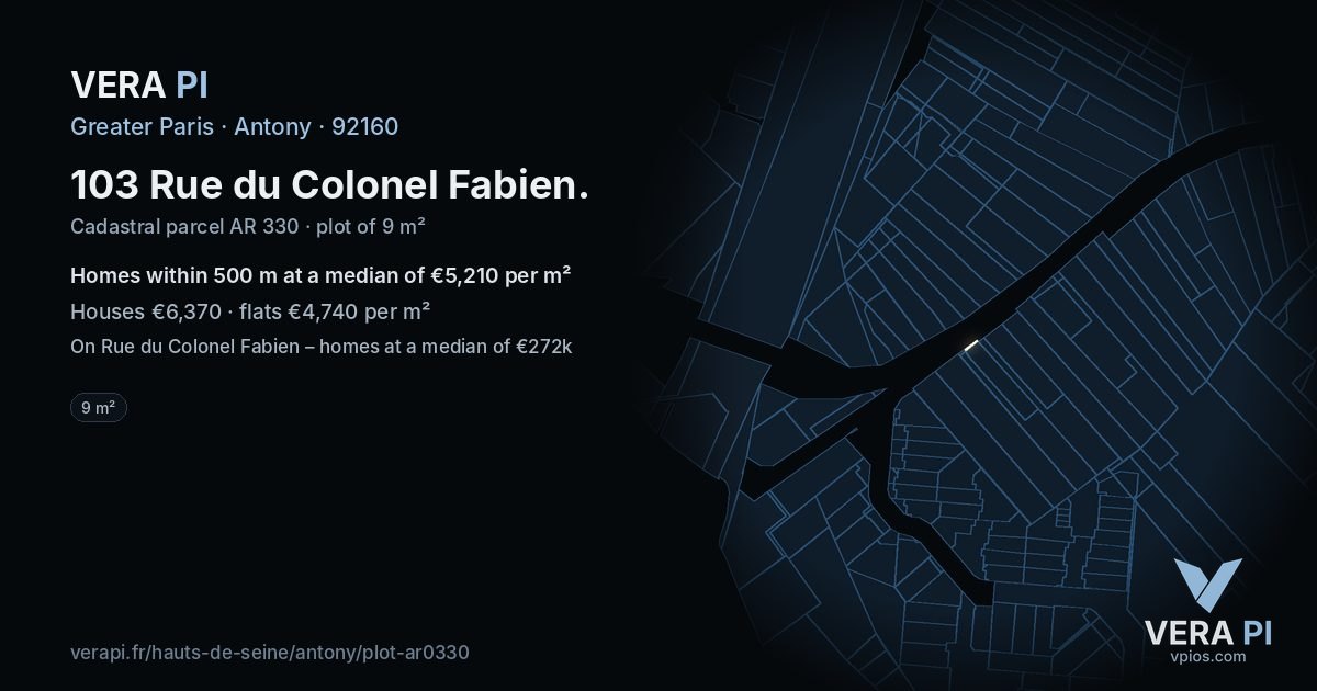 103 Rue du Colonel Fabien, Antony at night – the plot lit, the parcels around coloured by the prices near them
