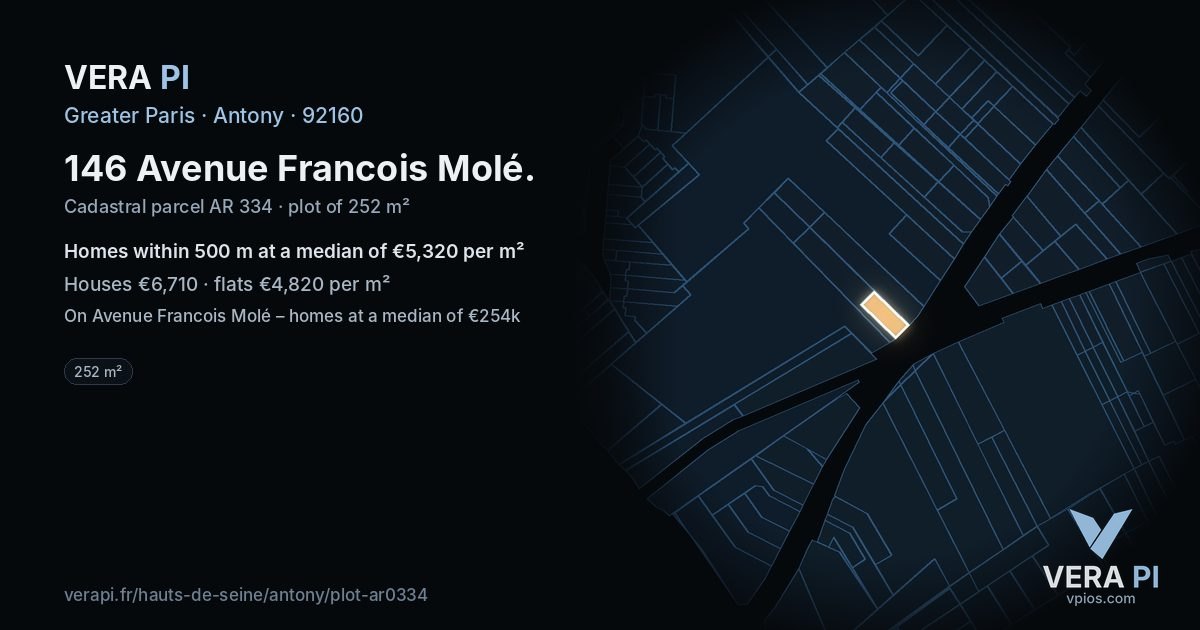 146 Avenue Francois Molé, Antony at night – the plot lit, the parcels around coloured by the prices near them