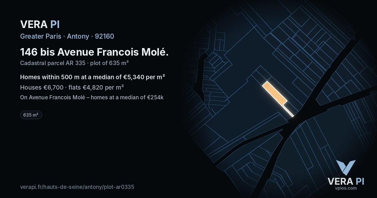 146 bis Avenue Francois Molé, Antony at night – the plot lit, the parcels around coloured by the prices near them