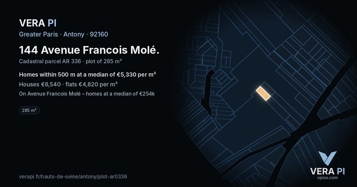 144 Avenue Francois Molé, Antony at night – the plot lit, the parcels around coloured by the prices near them