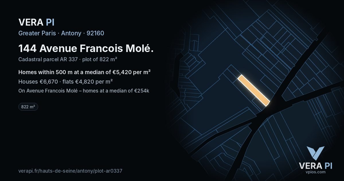 144 Avenue Francois Molé, Antony at night – the plot lit, the parcels around coloured by the prices near them