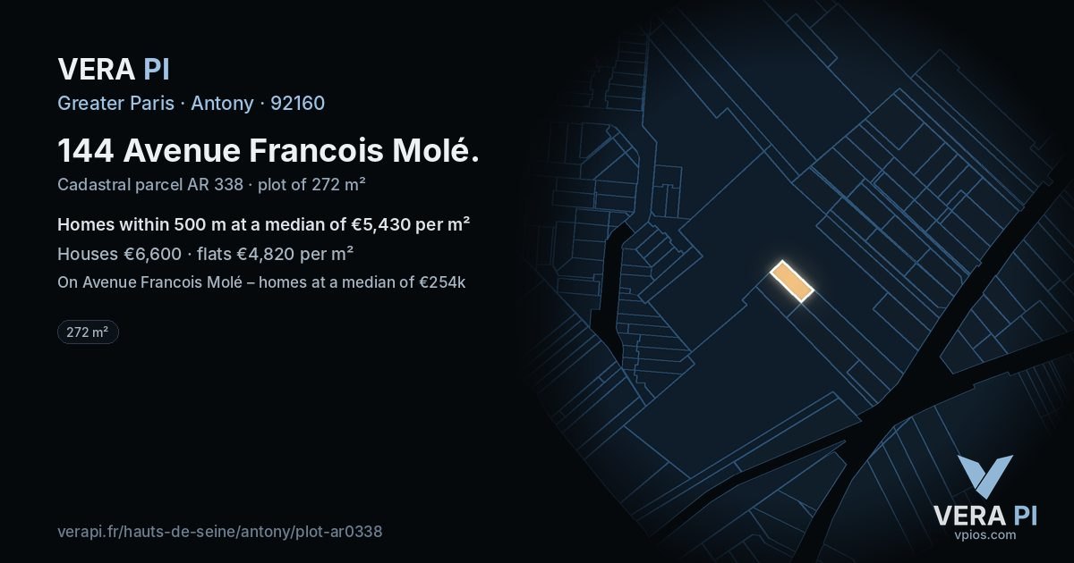 144 Avenue Francois Molé, Antony at night – the plot lit, the parcels around coloured by the prices near them