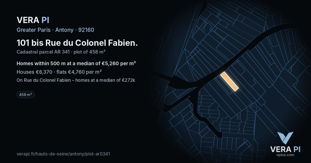 101 bis Rue du Colonel Fabien, Antony at night – the plot lit, the parcels around coloured by the prices near them
