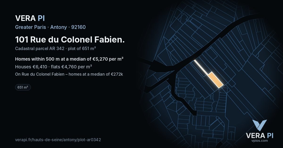 101 Rue du Colonel Fabien, Antony at night – the plot lit, the parcels around coloured by the prices near them