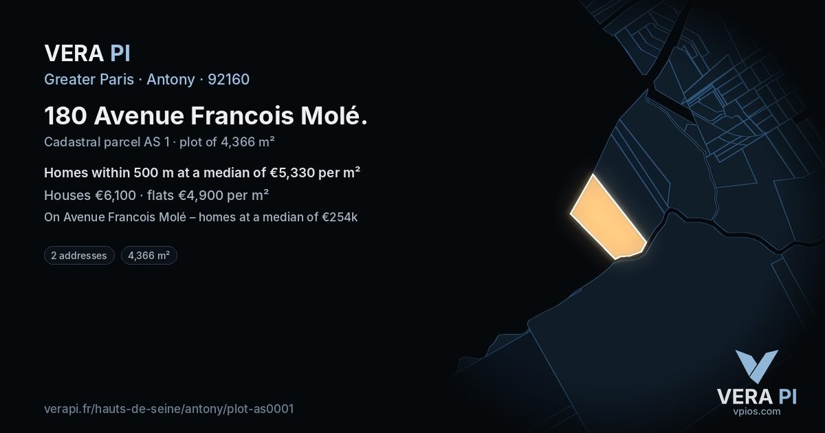 180 Avenue Francois Molé, Antony at night – the plot lit, the parcels around coloured by the prices near them