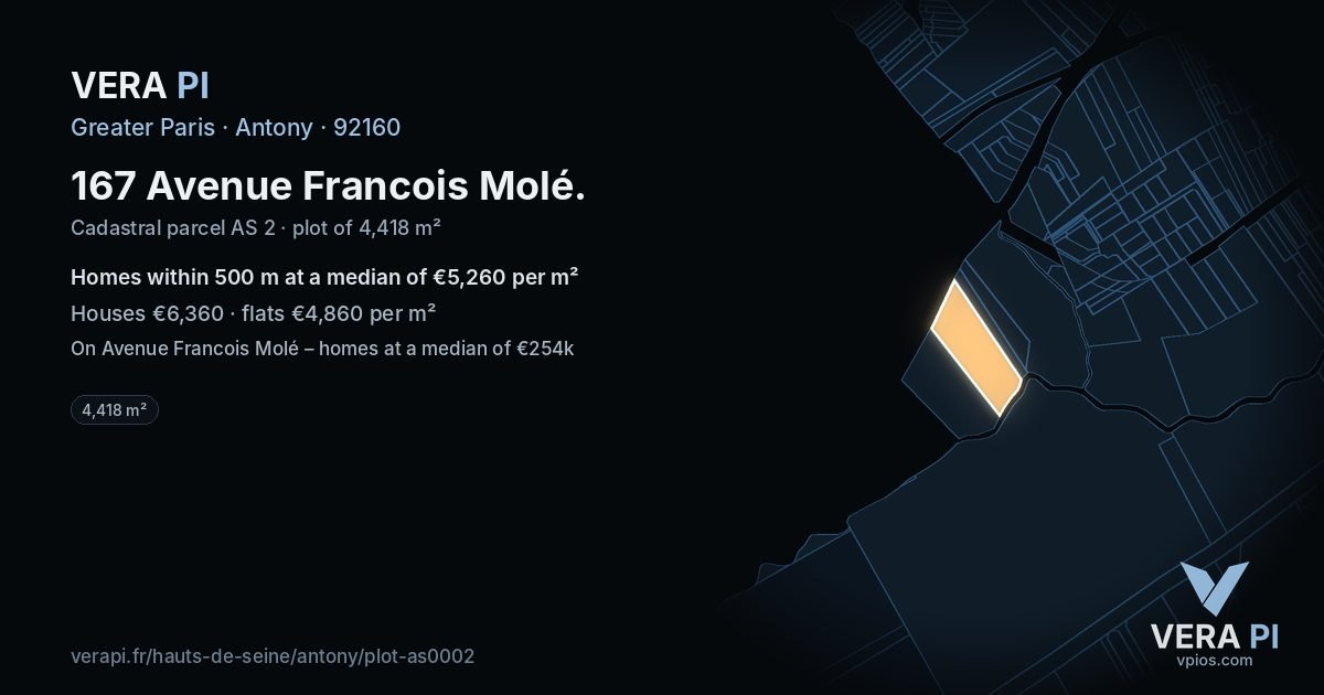 167 Avenue Francois Molé, Antony at night – the plot lit, the parcels around coloured by the prices near them