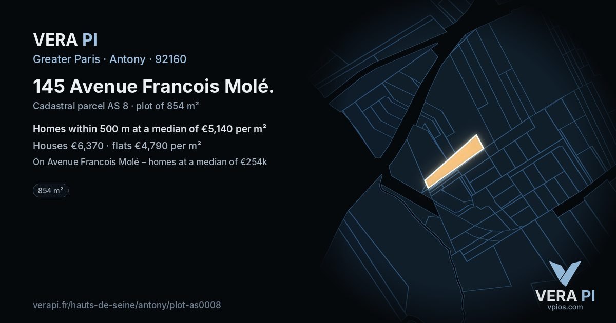 145 Avenue Francois Molé, Antony at night – the plot lit, the parcels around coloured by the prices near them