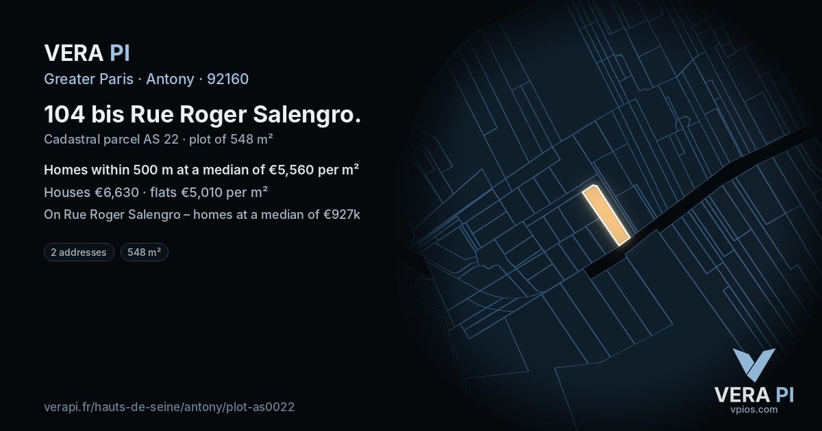104 bis Rue Roger Salengro, Antony at night – the plot lit, the parcels around coloured by the prices near them