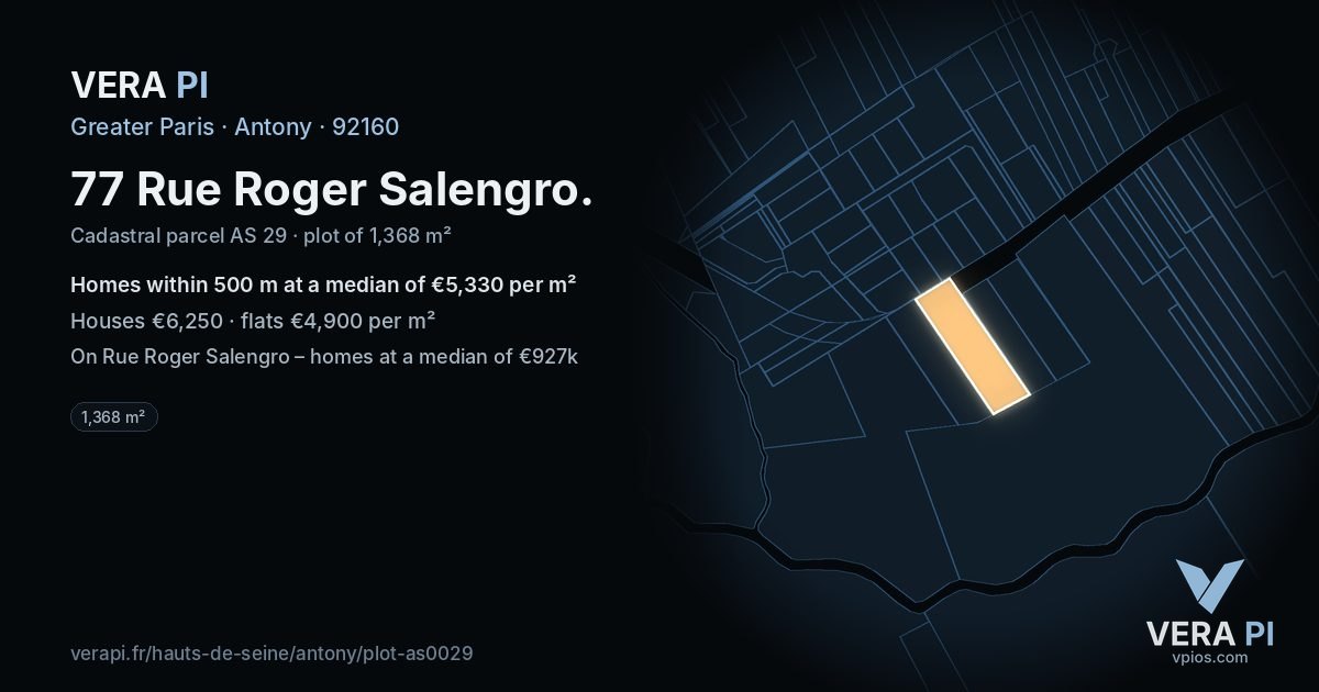 77 Rue Roger Salengro, Antony at night – the plot lit, the parcels around coloured by the prices near them
