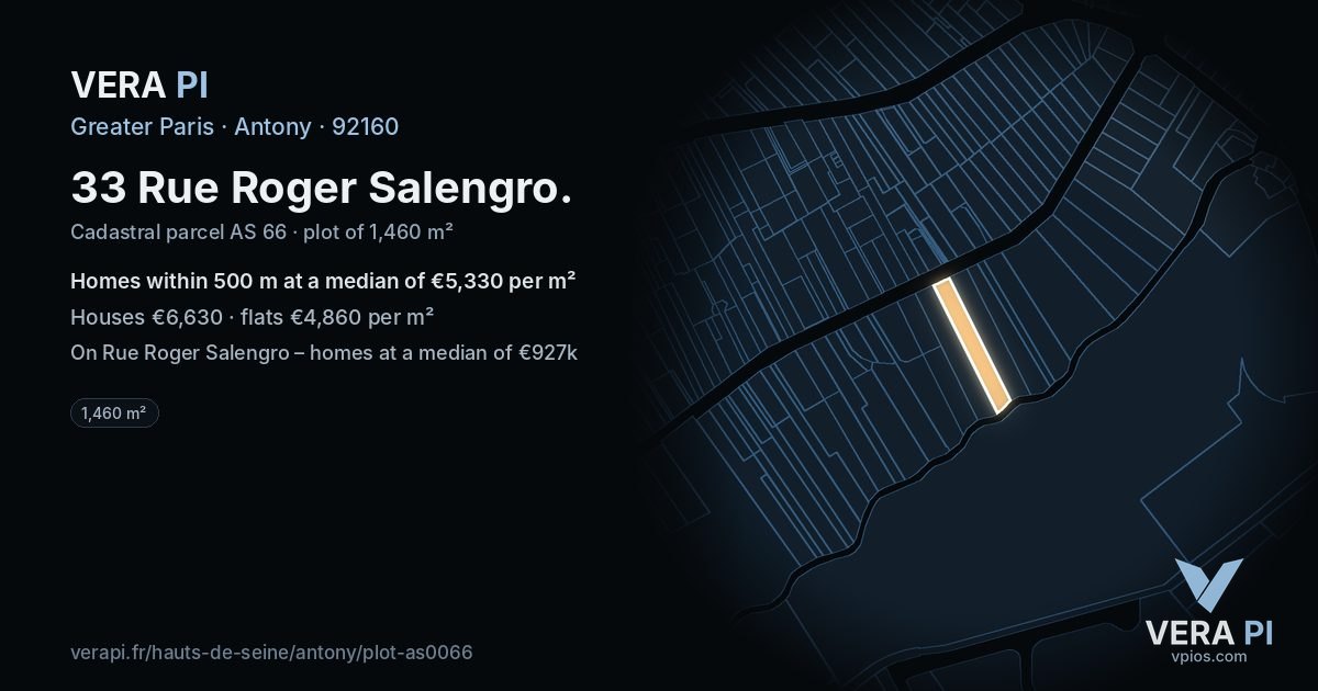 33 Rue Roger Salengro, Antony at night – the plot lit, the parcels around coloured by the prices near them