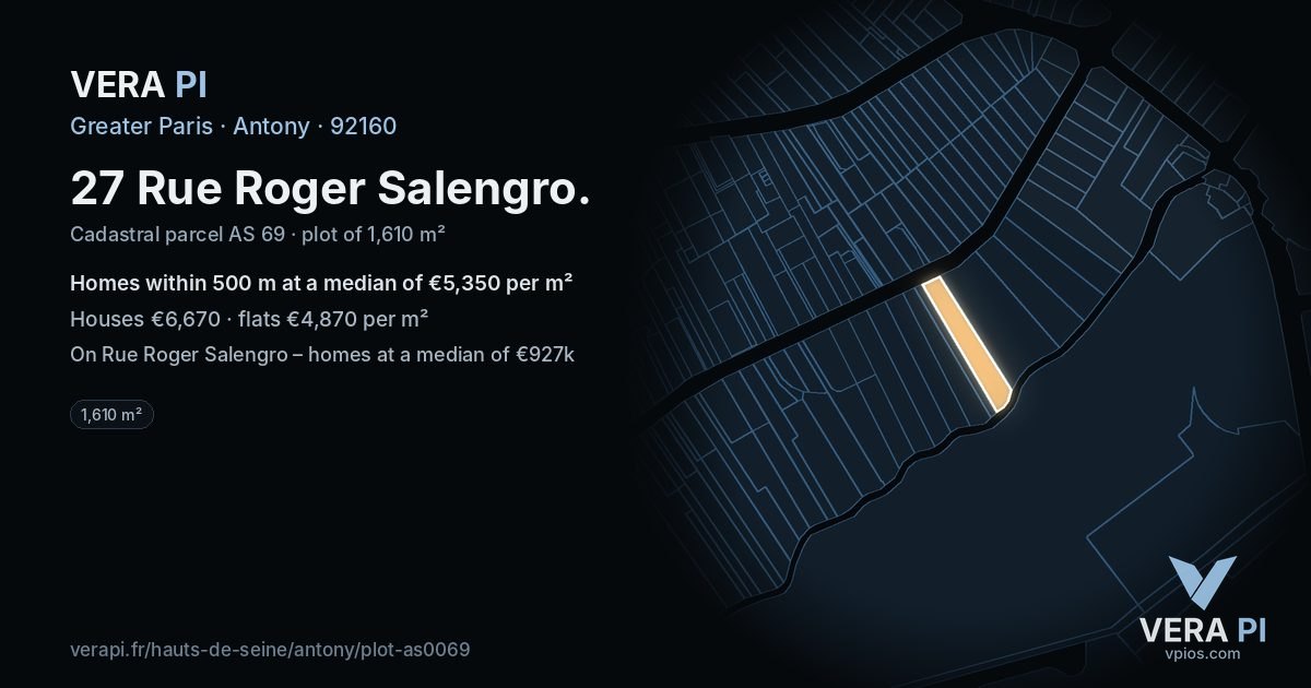 27 Rue Roger Salengro, Antony at night – the plot lit, the parcels around coloured by the prices near them