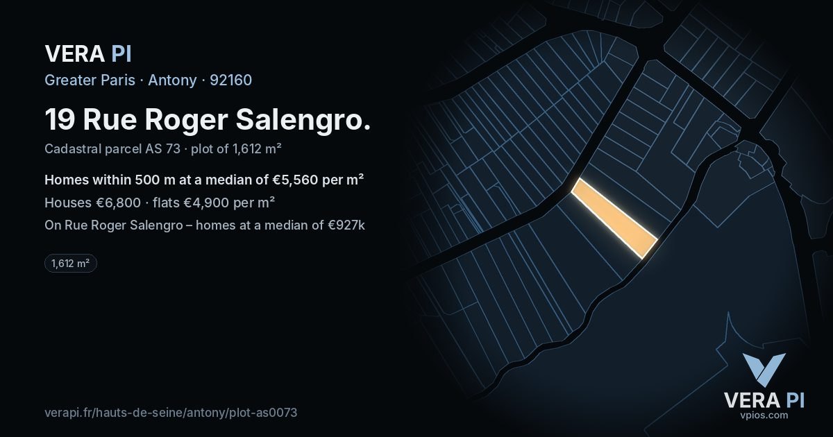 19 Rue Roger Salengro, Antony at night – the plot lit, the parcels around coloured by the prices near them
