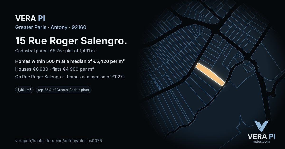 15 Rue Roger Salengro, Antony at night – the plot lit, the parcels around coloured by the prices near them