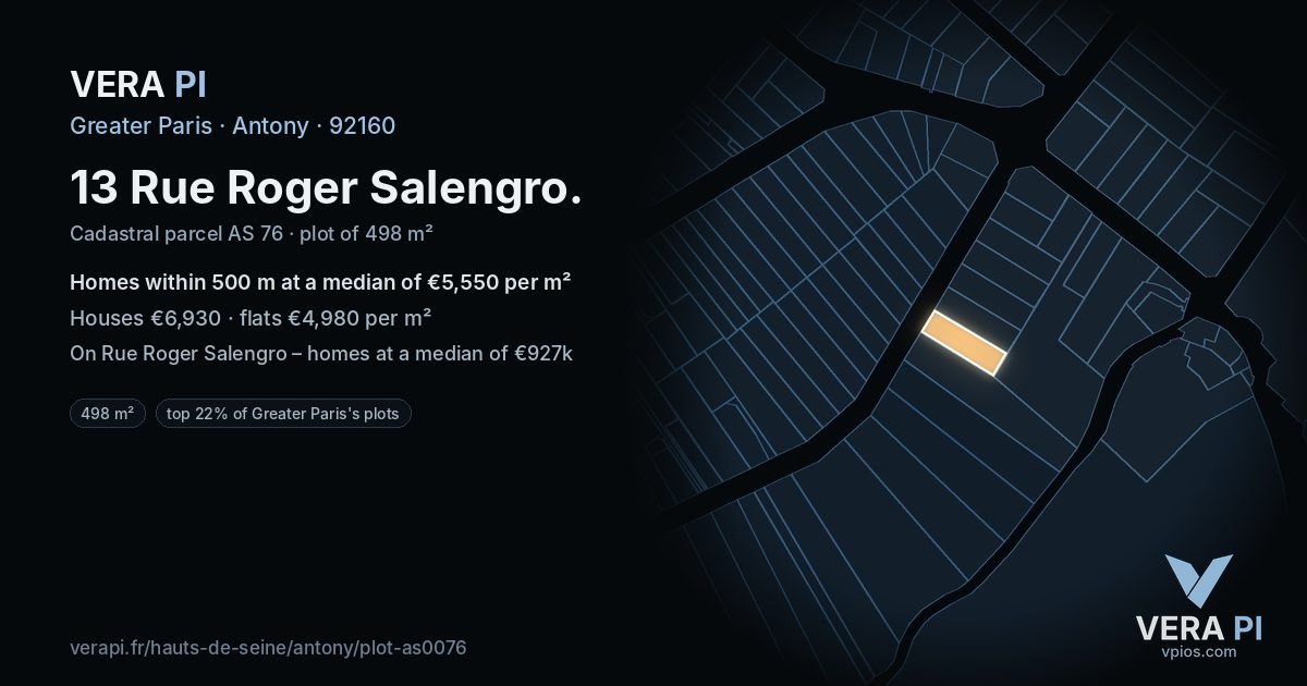 13 Rue Roger Salengro, Antony at night – the plot lit, the parcels around coloured by the prices near them