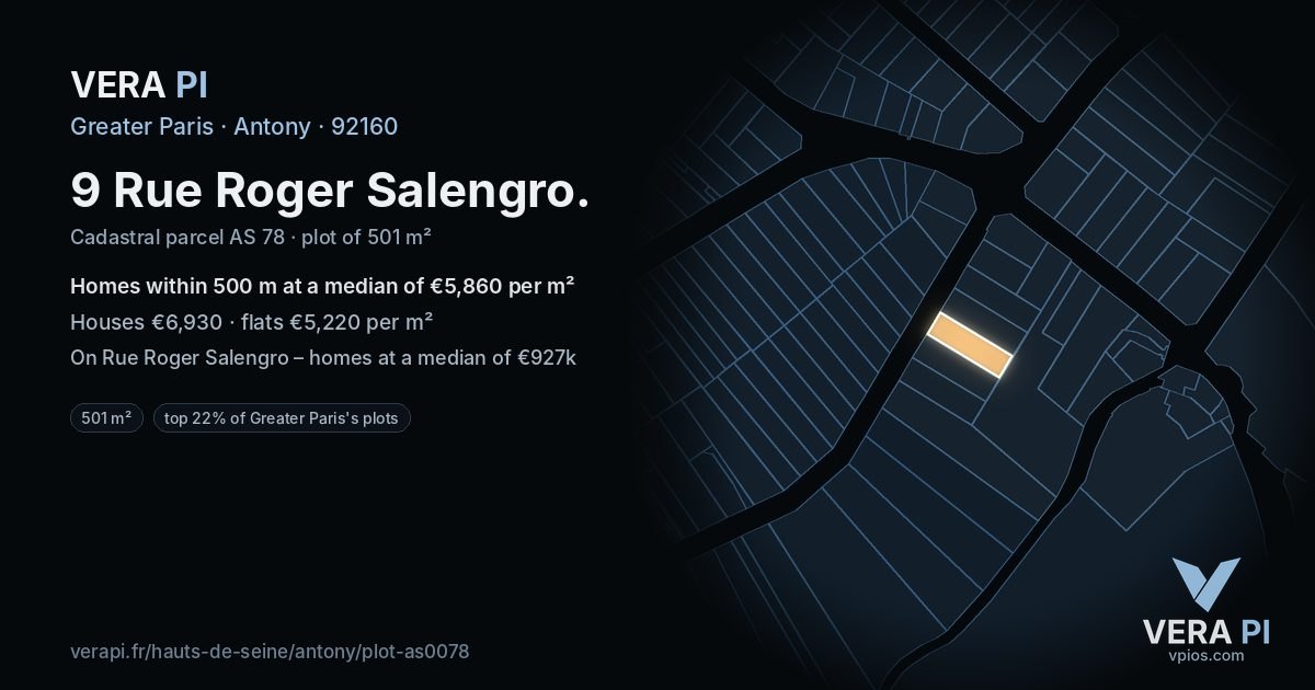 9 Rue Roger Salengro, Antony at night – the plot lit, the parcels around coloured by the prices near them