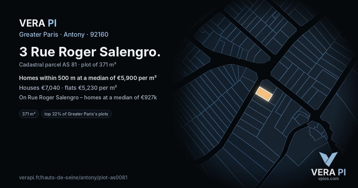 3 Rue Roger Salengro, Antony at night – the plot lit, the parcels around coloured by the prices near them