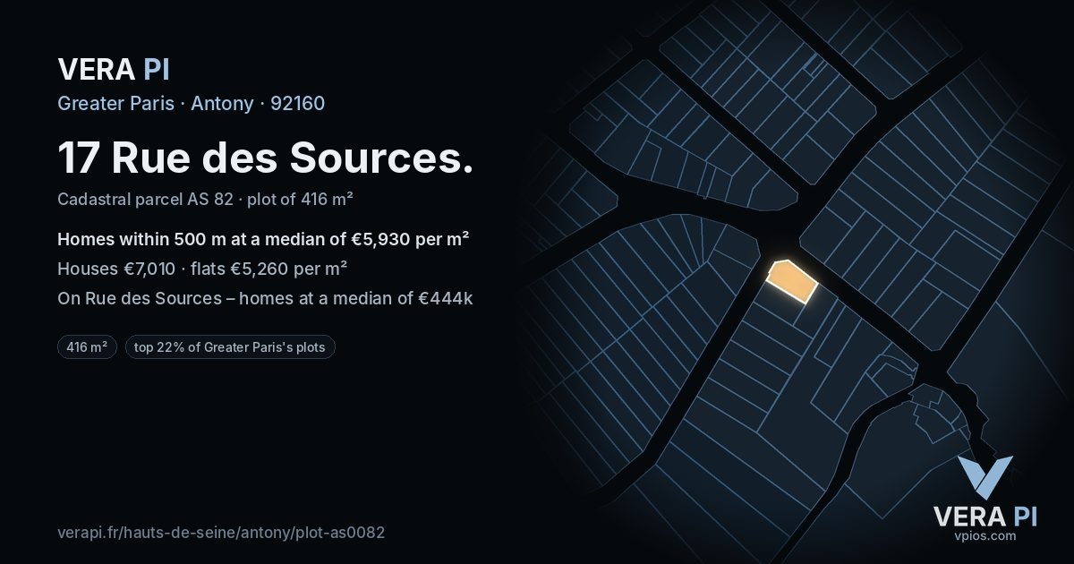17 Rue des Sources, Antony at night – the plot lit, the parcels around coloured by the prices near them