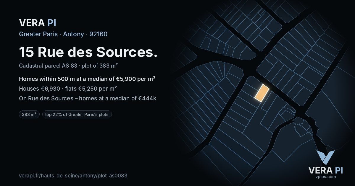 15 Rue des Sources, Antony at night – the plot lit, the parcels around coloured by the prices near them