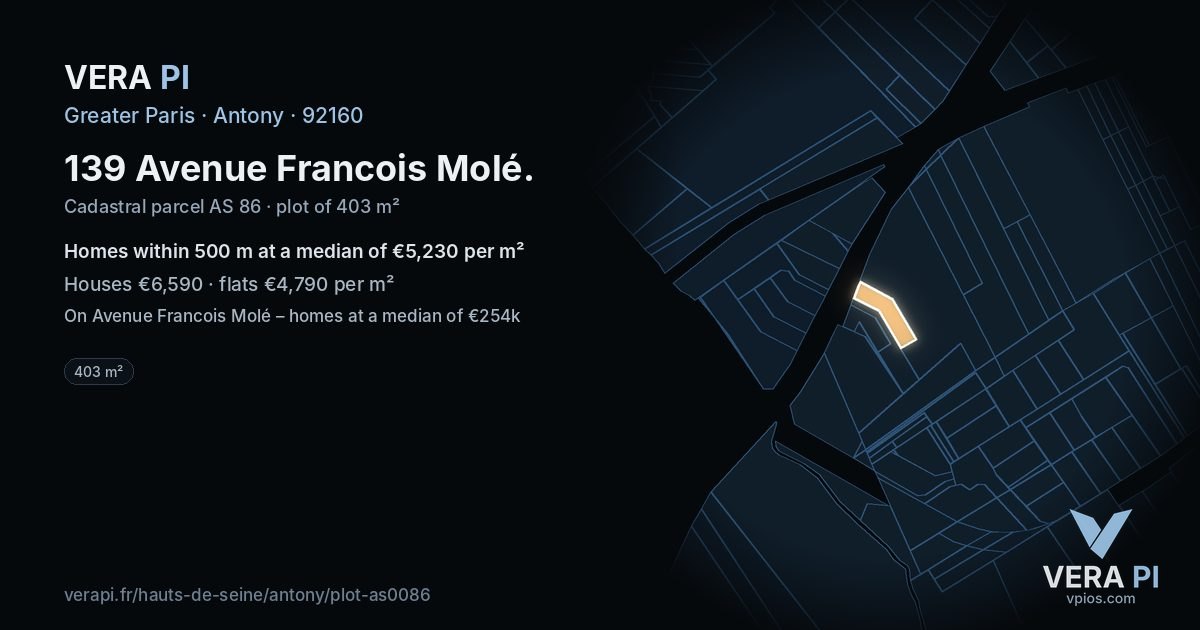 139 Avenue Francois Molé, Antony at night – the plot lit, the parcels around coloured by the prices near them