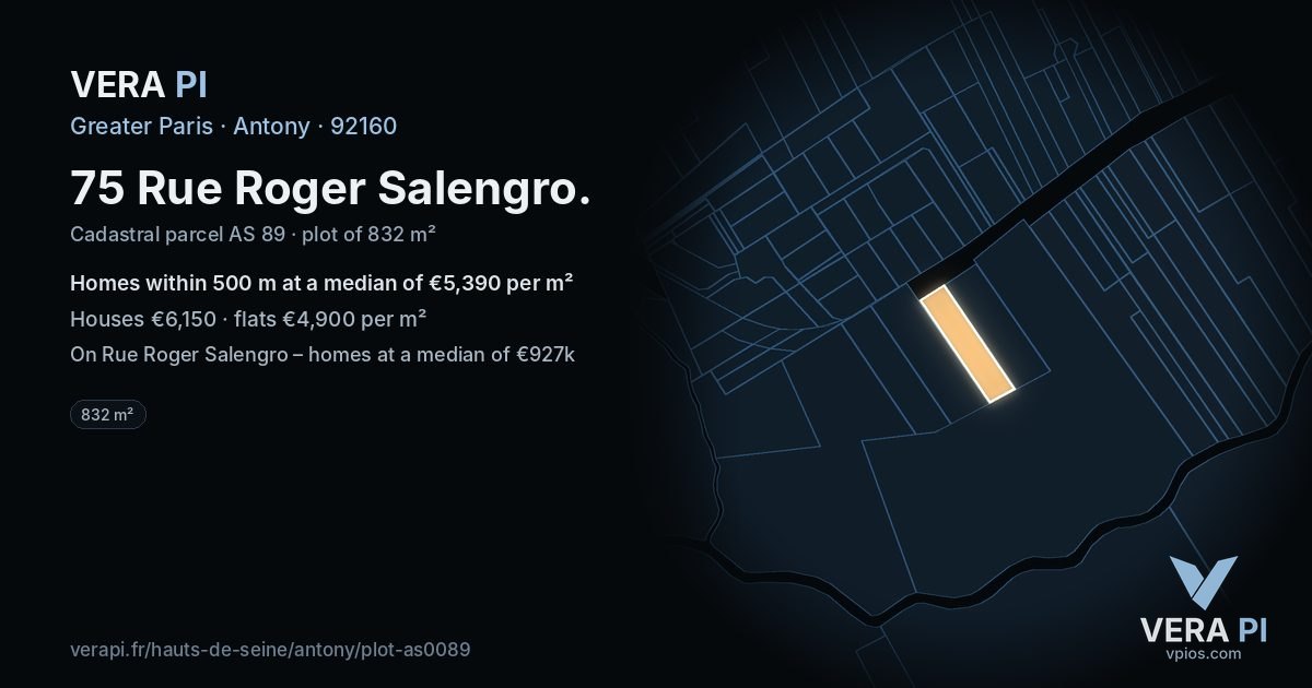 75 Rue Roger Salengro, Antony at night – the plot lit, the parcels around coloured by the prices near them
