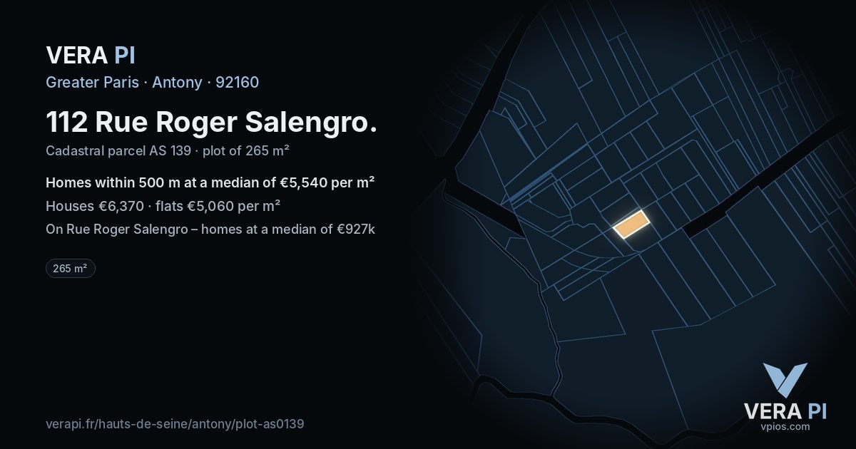 112 Rue Roger Salengro, Antony at night – the plot lit, the parcels around coloured by the prices near them