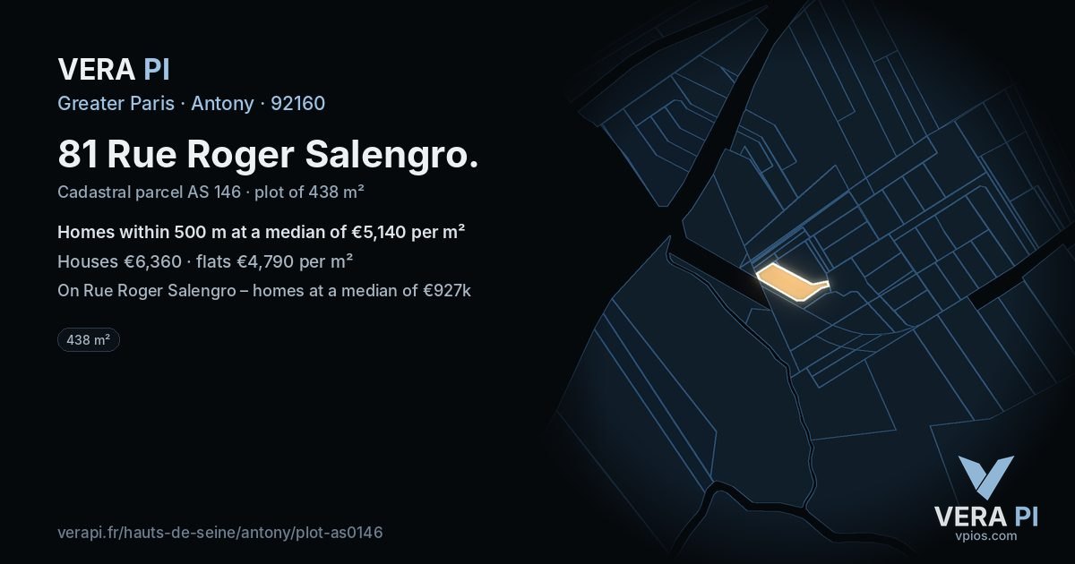 81 Rue Roger Salengro, Antony at night – the plot lit, the parcels around coloured by the prices near them
