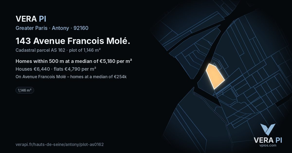 143 Avenue Francois Molé, Antony at night – the plot lit, the parcels around coloured by the prices near them