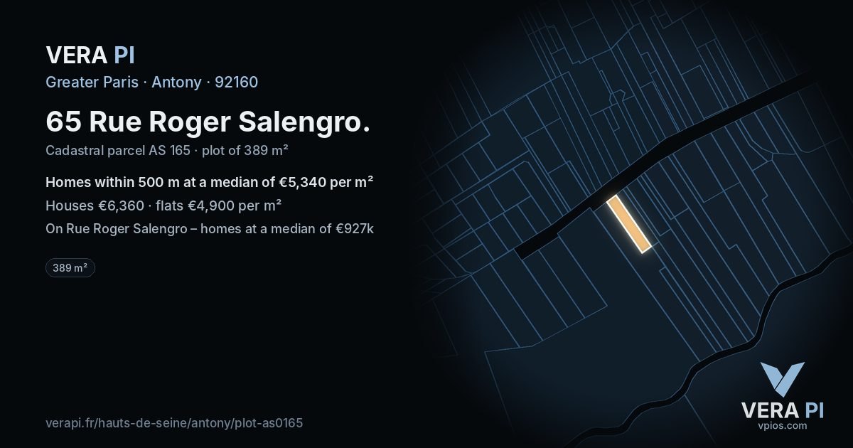 65 Rue Roger Salengro, Antony at night – the plot lit, the parcels around coloured by the prices near them