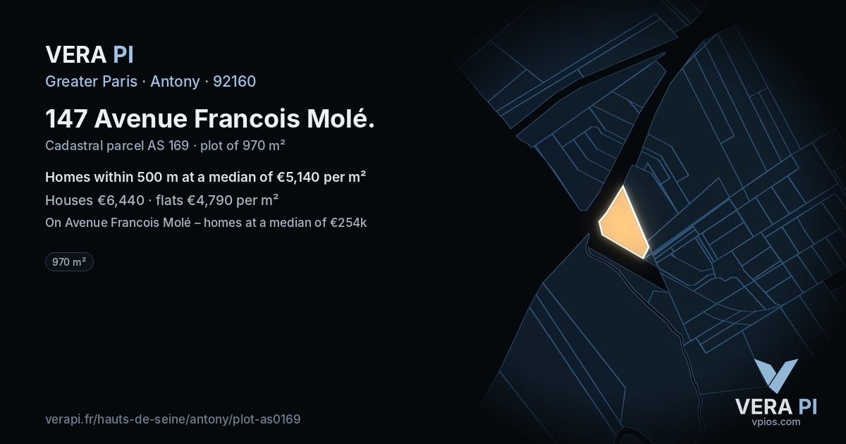 147 Avenue Francois Molé, Antony at night – the plot lit, the parcels around coloured by the prices near them