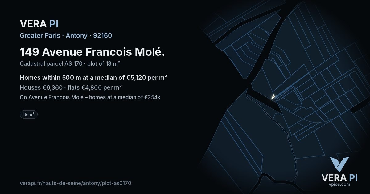 149 Avenue Francois Molé, Antony at night – the plot lit, the parcels around coloured by the prices near them