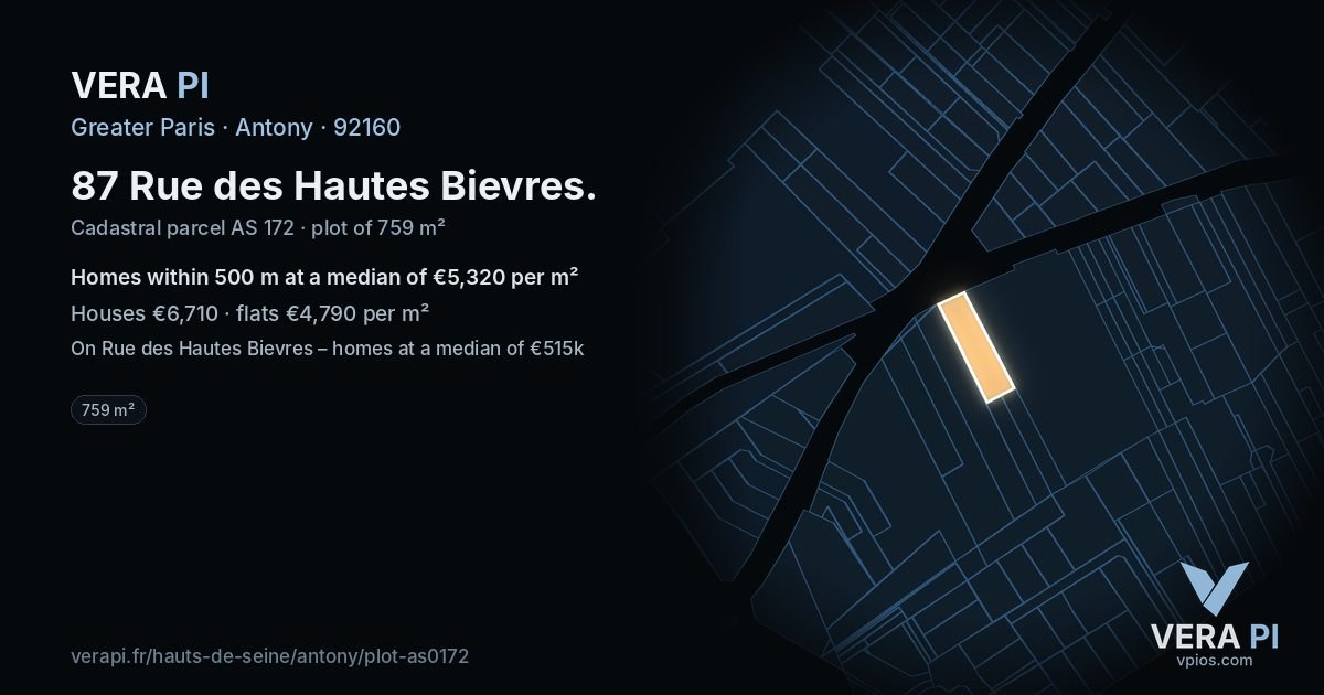87 Rue des Hautes Bievres, Antony at night – the plot lit, the parcels around coloured by the prices near them