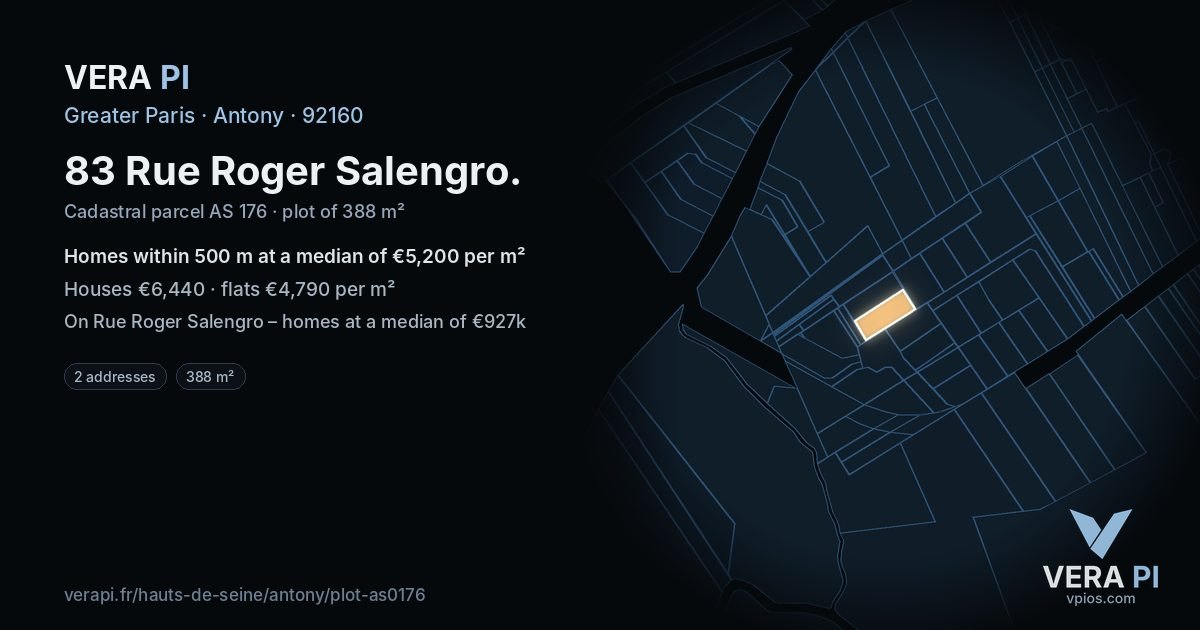 83 Rue Roger Salengro, Antony at night – the plot lit, the parcels around coloured by the prices near them