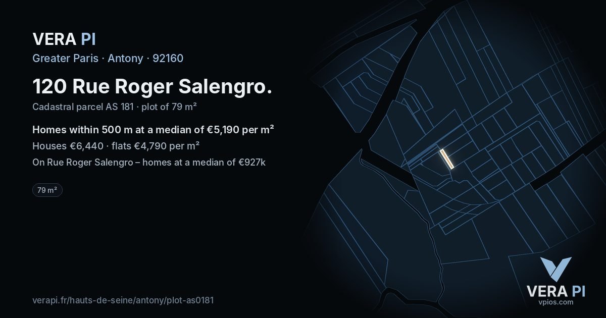 120 Rue Roger Salengro, Antony at night – the plot lit, the parcels around coloured by the prices near them