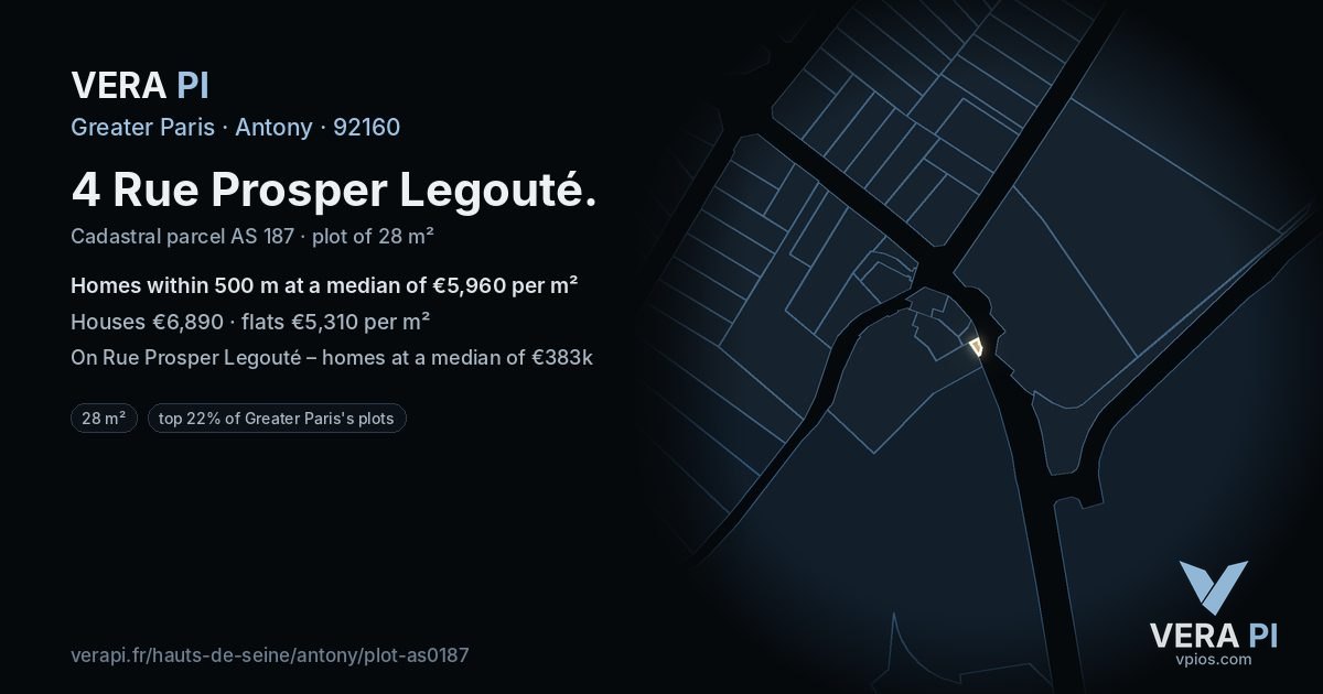 4 Rue Prosper Legouté, Antony at night – the plot lit, the parcels around coloured by the prices near them