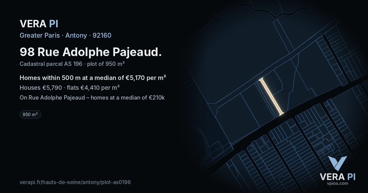 98 Rue Adolphe Pajeaud, Antony at night – the plot lit, the parcels around coloured by the prices near them
