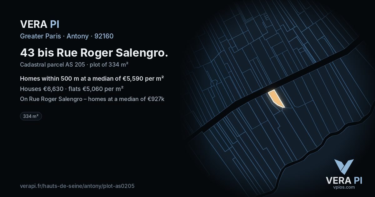 43 bis Rue Roger Salengro, Antony at night – the plot lit, the parcels around coloured by the prices near them
