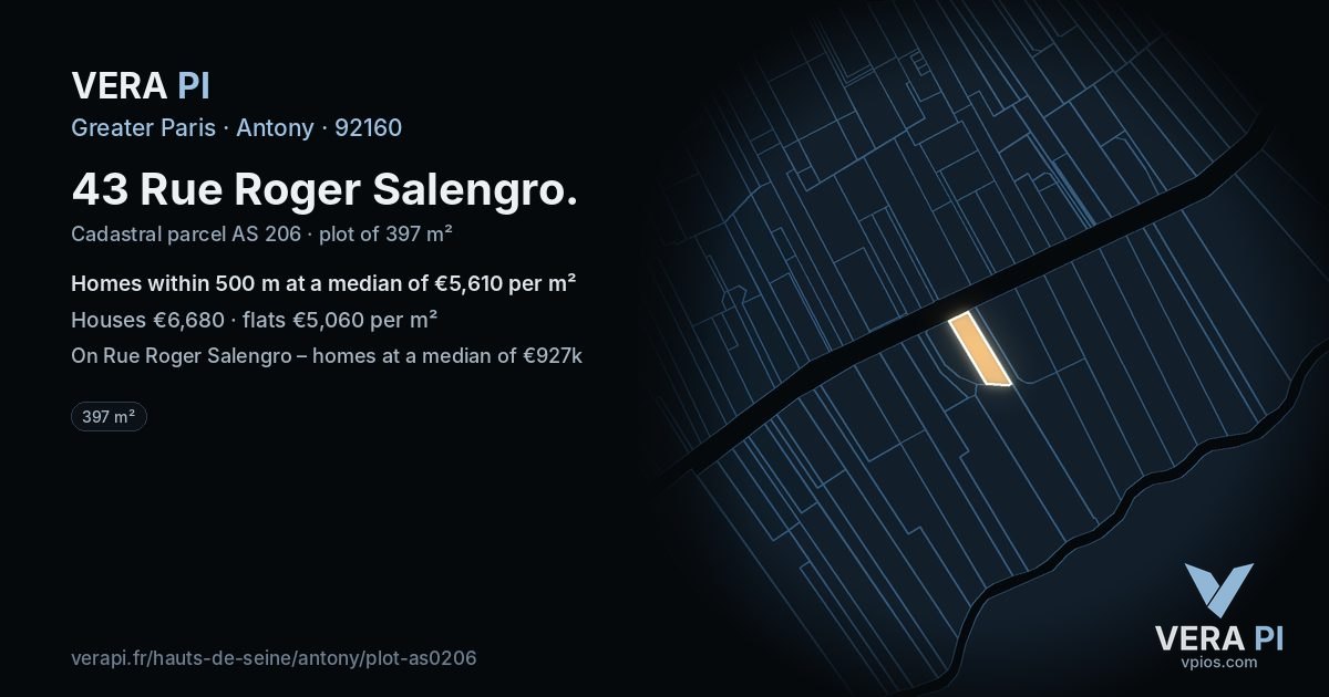 43 Rue Roger Salengro, Antony at night – the plot lit, the parcels around coloured by the prices near them