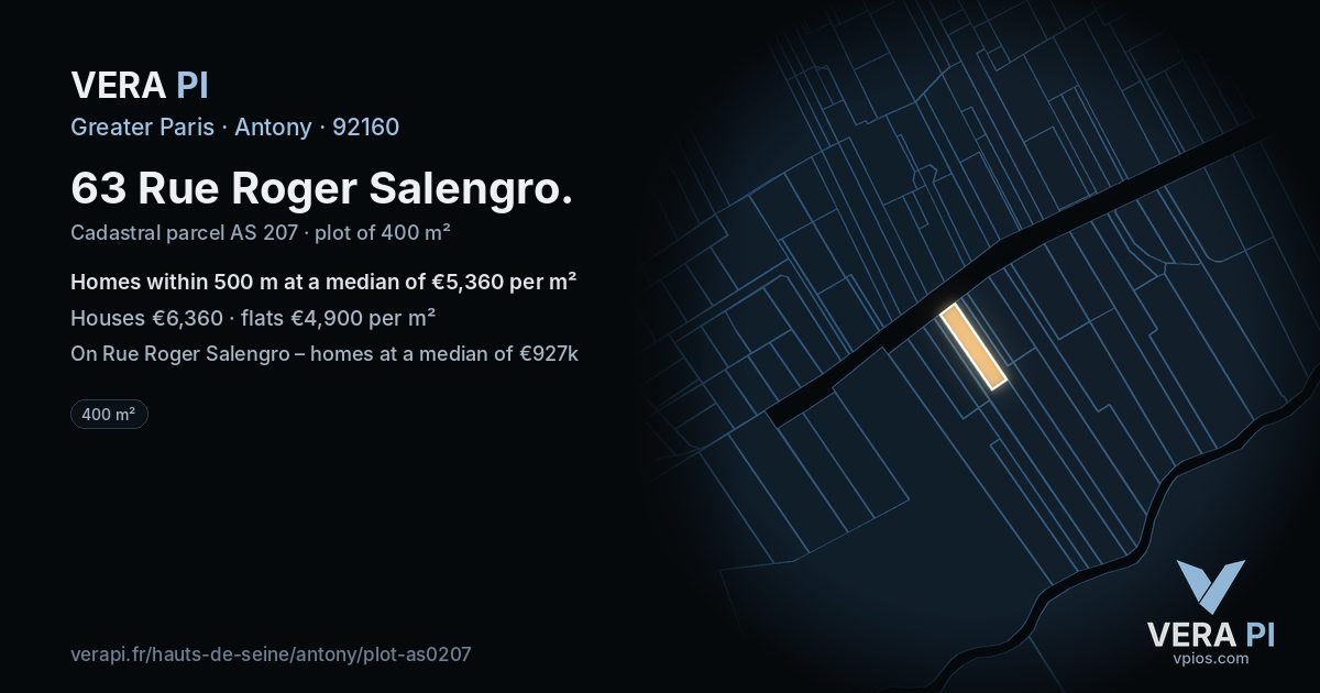 63 Rue Roger Salengro, Antony at night – the plot lit, the parcels around coloured by the prices near them