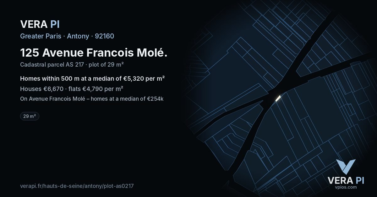 125 Avenue Francois Molé, Antony at night – the plot lit, the parcels around coloured by the prices near them